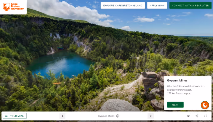 Virtual tour screenshot of Cape Breton University's local highlights tour of Gypsum Mines