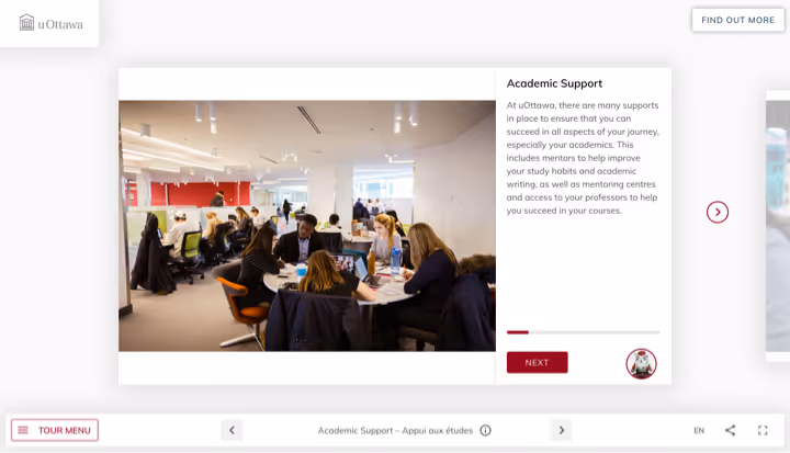 Screenshot of uOttawa's virtual tour gallery scene about academic support for students