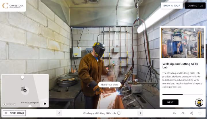 Screenshot of Conestoga Virtual Tour featuring a student practicing in a welding lab