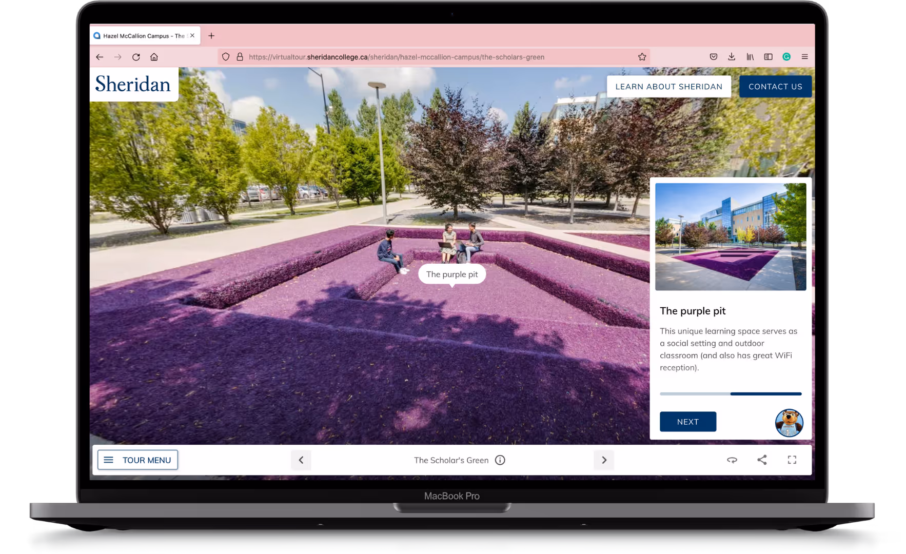 Laptop mockup with the Sheridan virtual tour scene featuring the Purple Pit, an outdoor purple pit with three students chatting