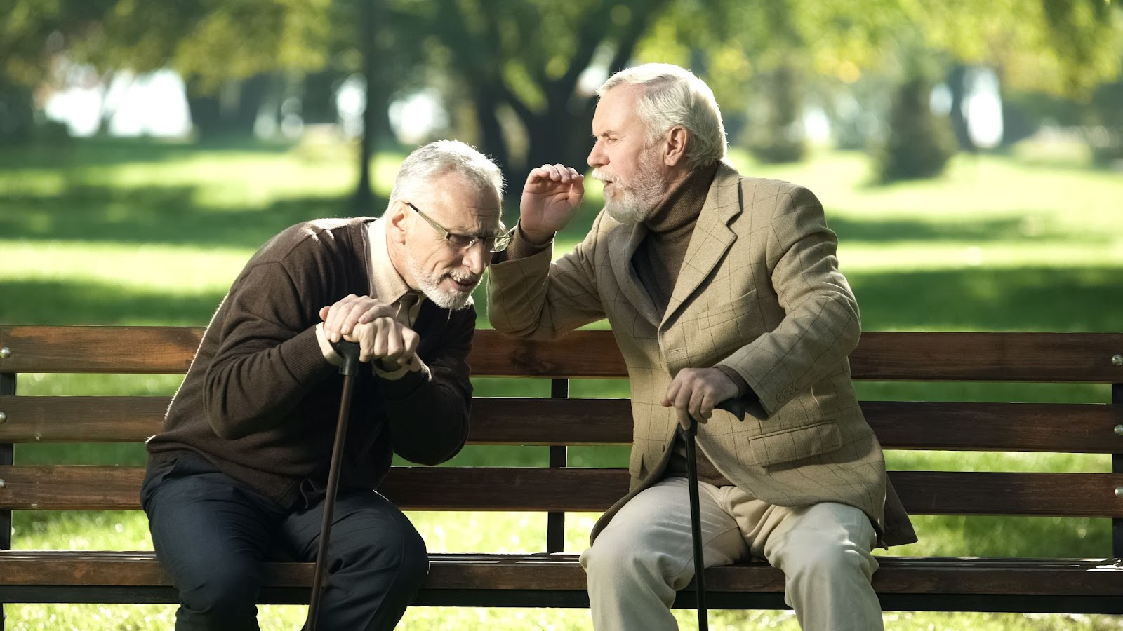 wo senior men struggling with hearing loss while talking on park bench