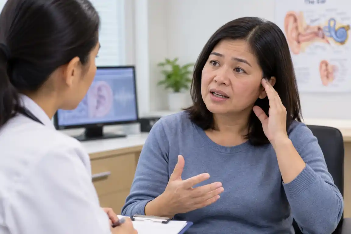 Patient describing ringing-in-the-ears symptoms during a consultation
