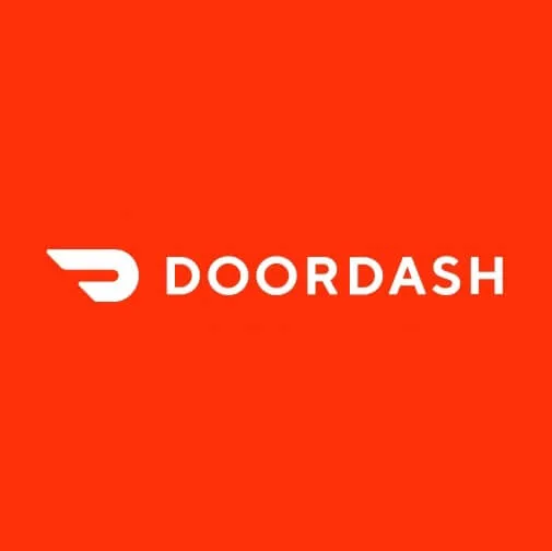 DoorDash logo with white text and stylized D on a red background.