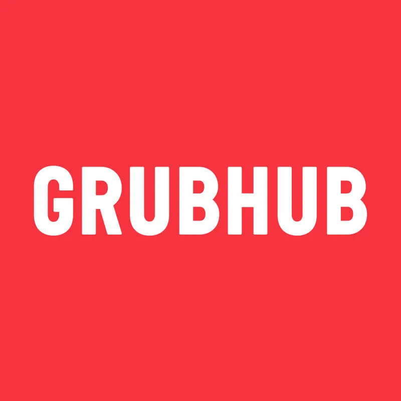 GRUBHUB brand name in bold white letters on a red background.