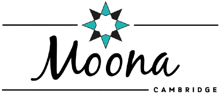 Moona logo with a star-like symbol above the text and the word Cambridge below.
