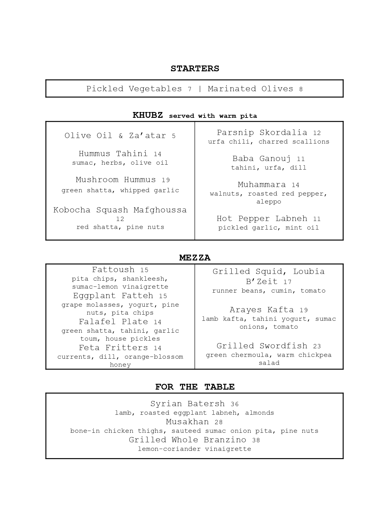 Menu page listing starters including Pickled Vegetables, Marinated Olives, Khubz served with warm pita options like Olive Oil & Za'atar and Hummus Tahini, Mezza dishes like Fattoush and Grilled Squid, and For The Table items such as Syrian Batersh and Grilled Whole Branzino.