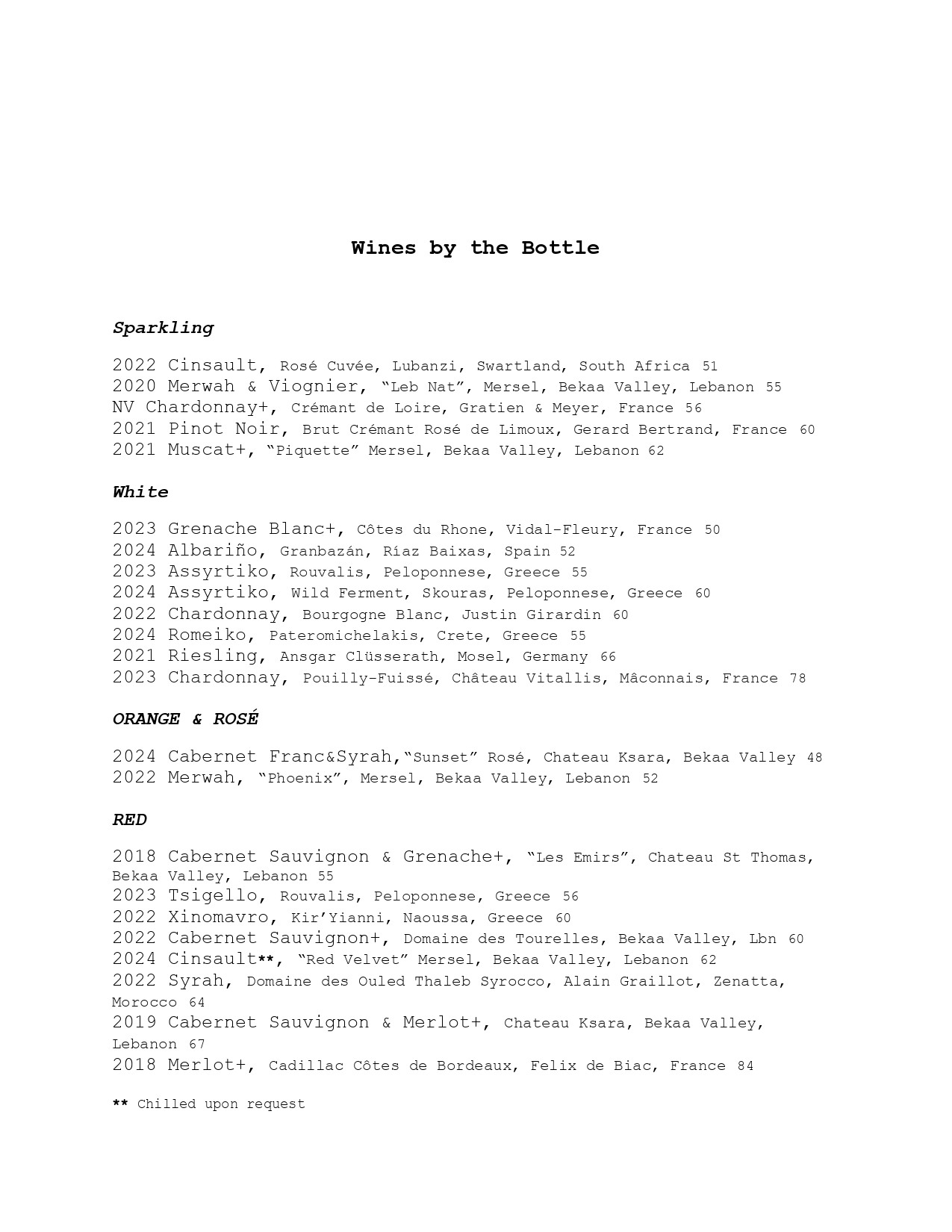 Wine list titled 'Wines by the Bottle' with sections for Sparkling, White, Orange & Rosé, and Red wines, including vintage, name, region, and price.