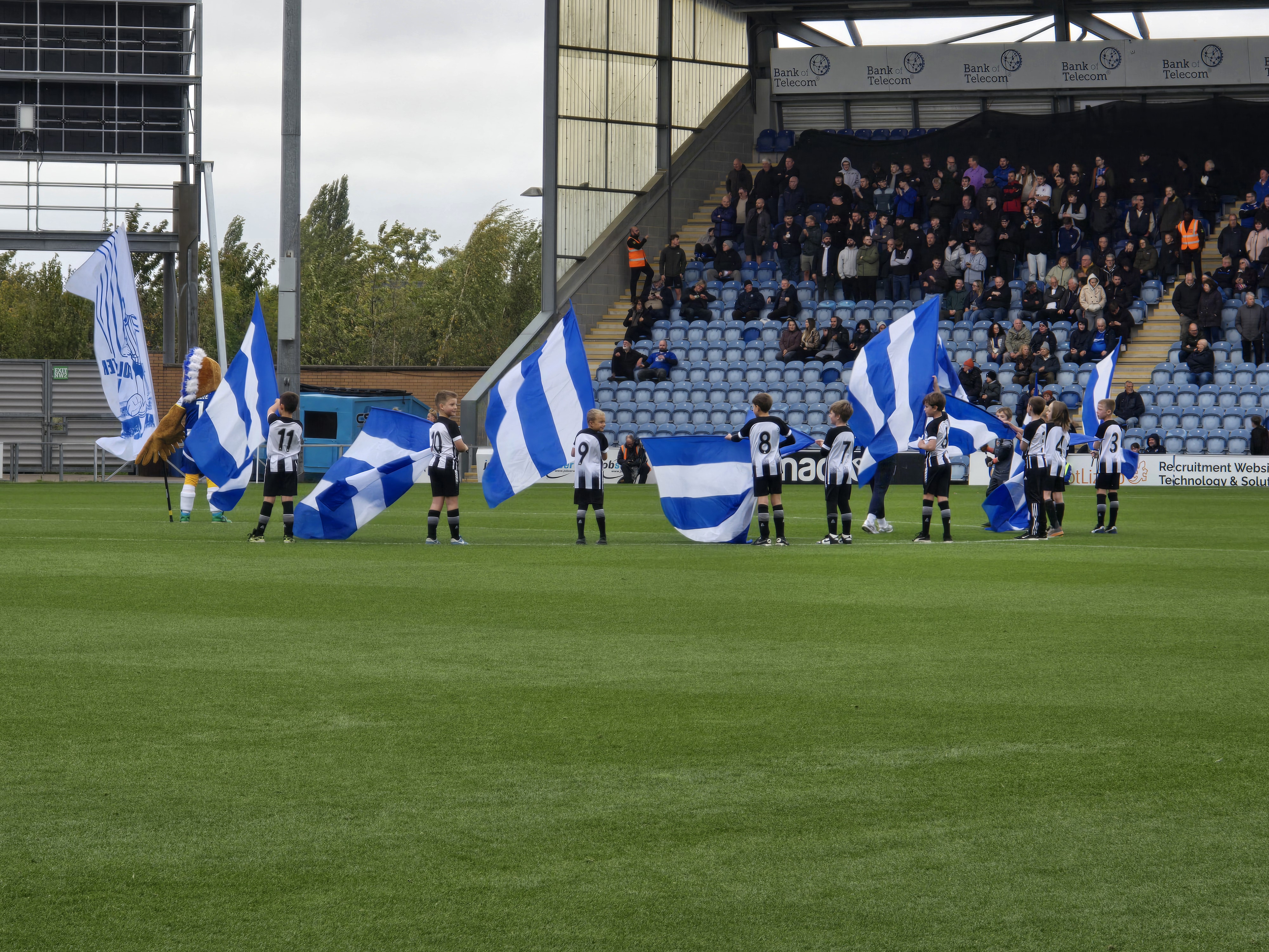 The team enter the pitch before kick off to wave flags for the team to come on the pitch.