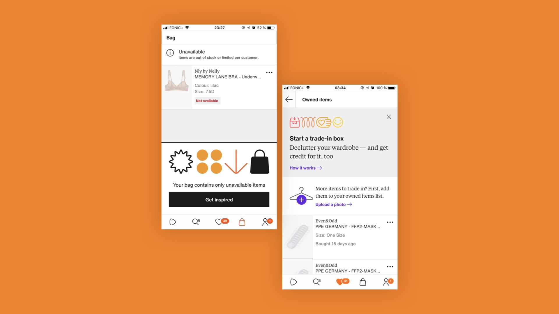 Two smartphone screens showing shopping app interfaces: left screen shows an unavailable item with a 'Get inspired' button; right screen shows owned items with option to start a trade-in box and upload photos of items.