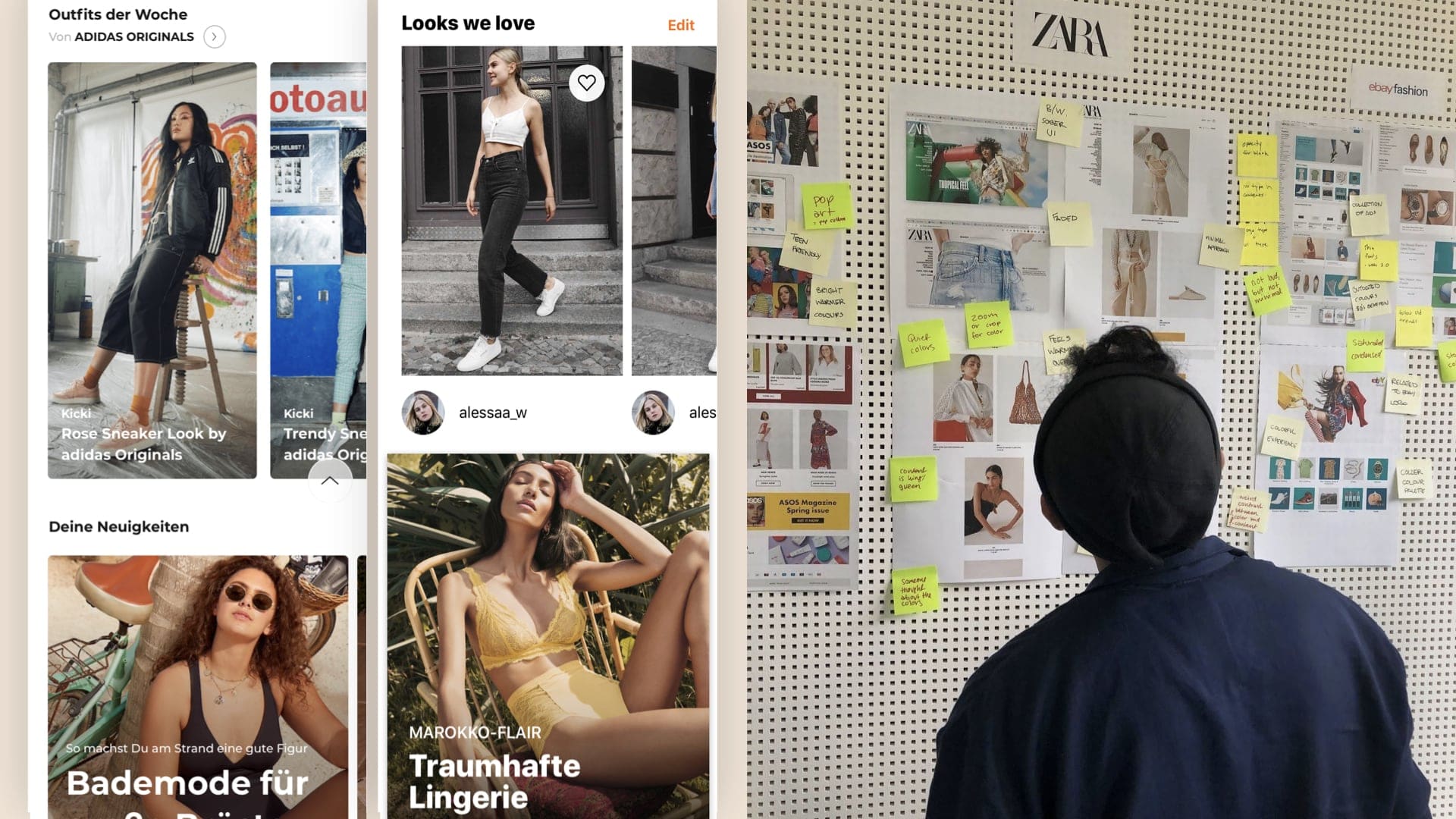 Person with a hat and dark jacket looking at a fashion inspiration board filled with clothing images, sticky notes, and brand logos including Zara and eBay Fashion.