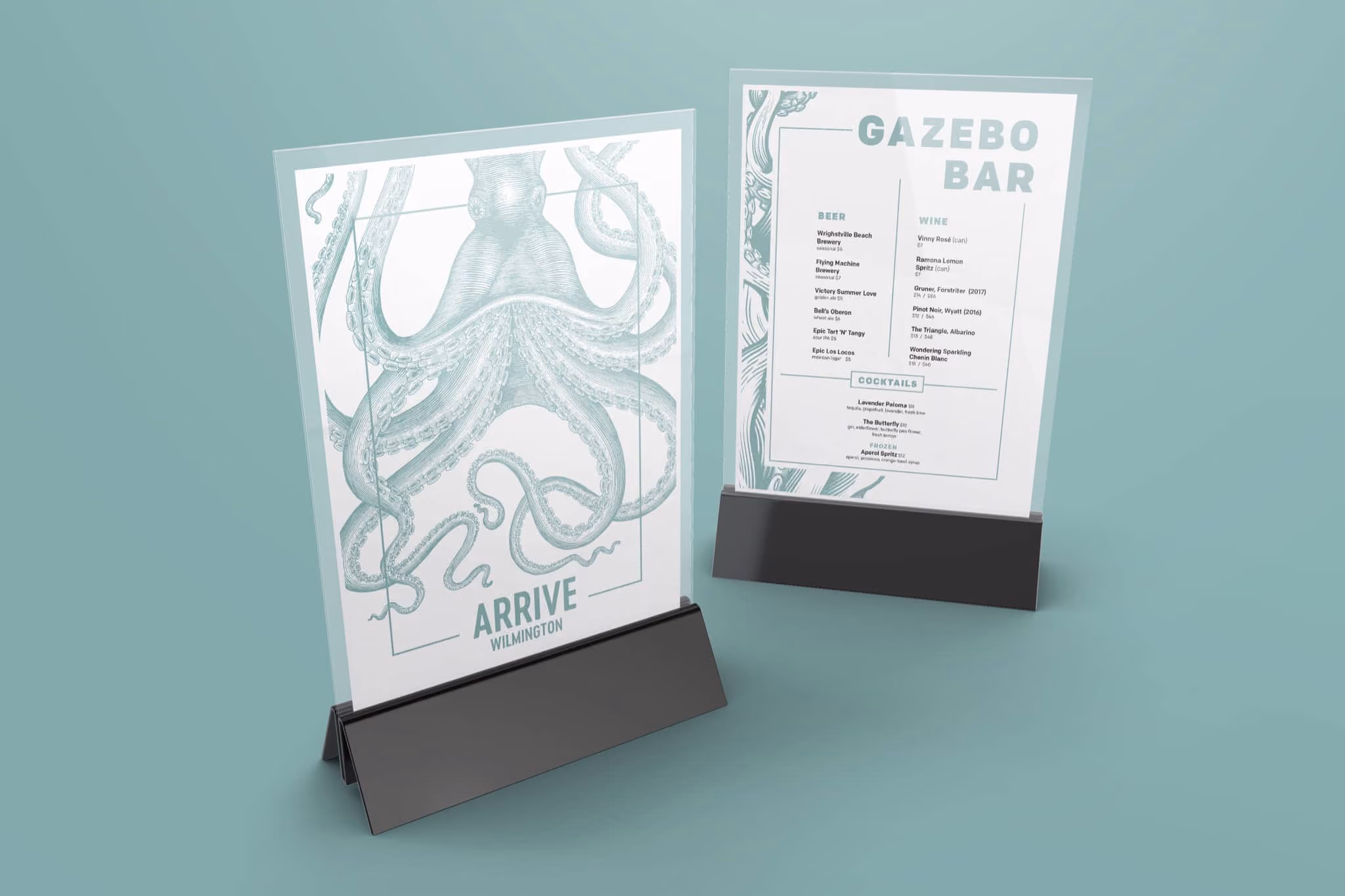 Arrive Hotels Gazebo Bar Menu Design and Room Collateral