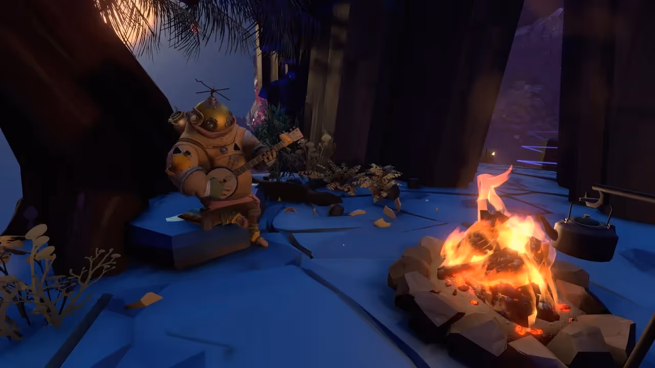 An alien spaceman playing banjo next to a campfire
