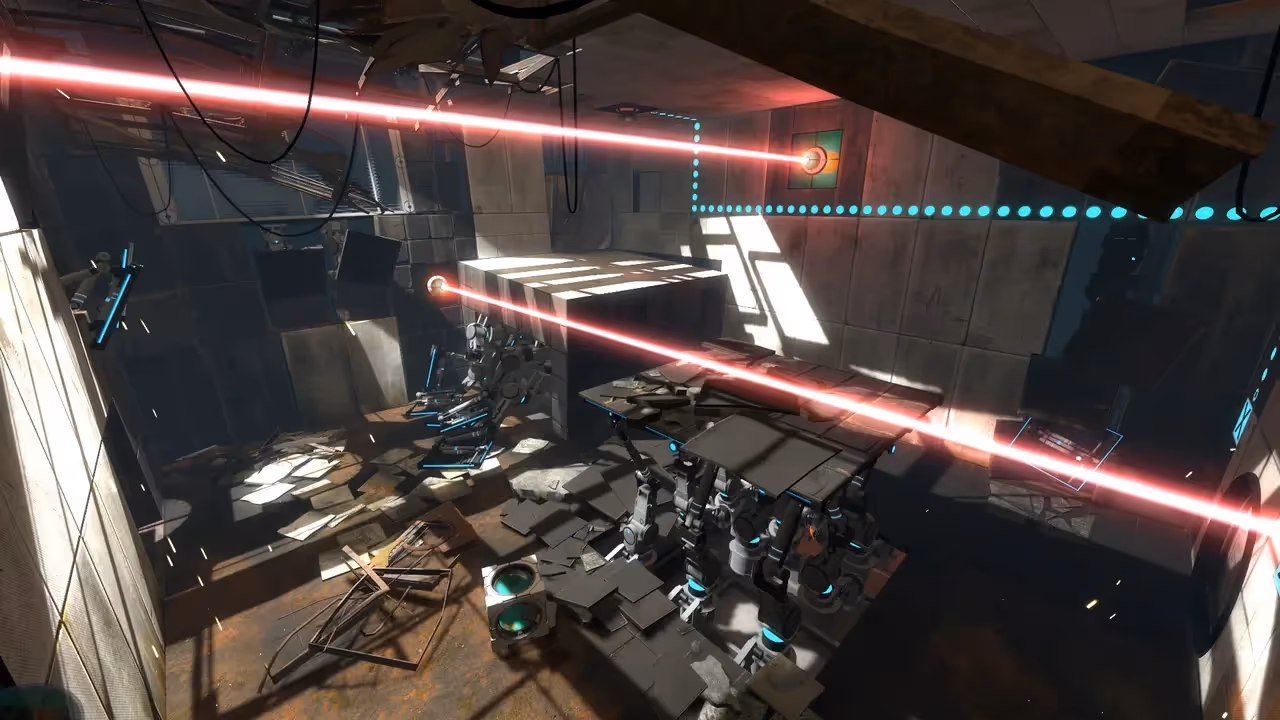 A room with two lasers emanating from adjacent walls and machinery underneath