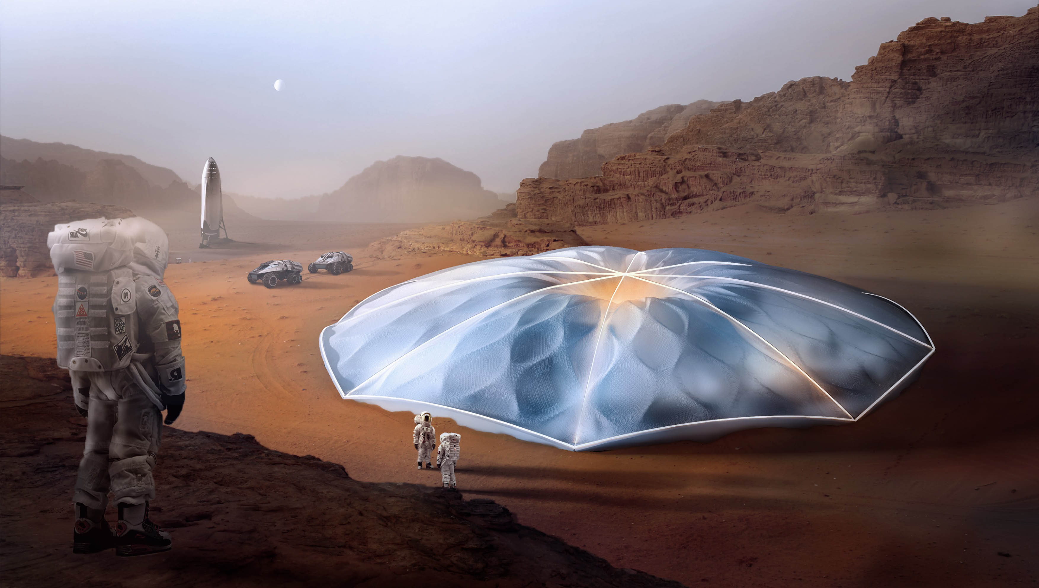 A research center in the form of an umbrella at Mars.