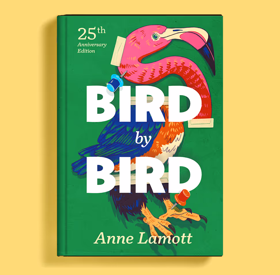 A drawing of Anne Lamott's book, Bird by Bird. The book is green, with different types of birds taped together. 