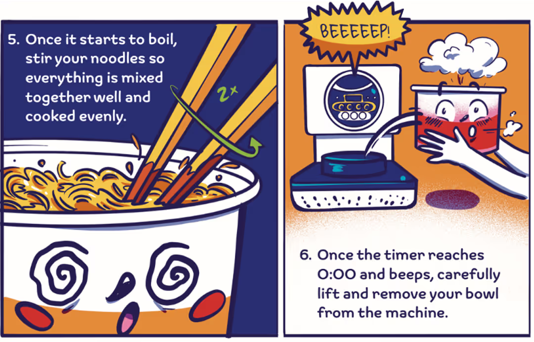 A panel from a comic. Shows a cup of  ramen noodles with a face. The chopsticks are stirring the noodles. The text in the caption says "5. once it starts to boil, stir your noodles so everything is mixed together well and cooked evenly." The seconed panel shows the cup of noodles with a face being removed from a machine. Annotation says "6. Once the timer reaches 0:00 and beeps, carefully remove your bowl from the machine. 