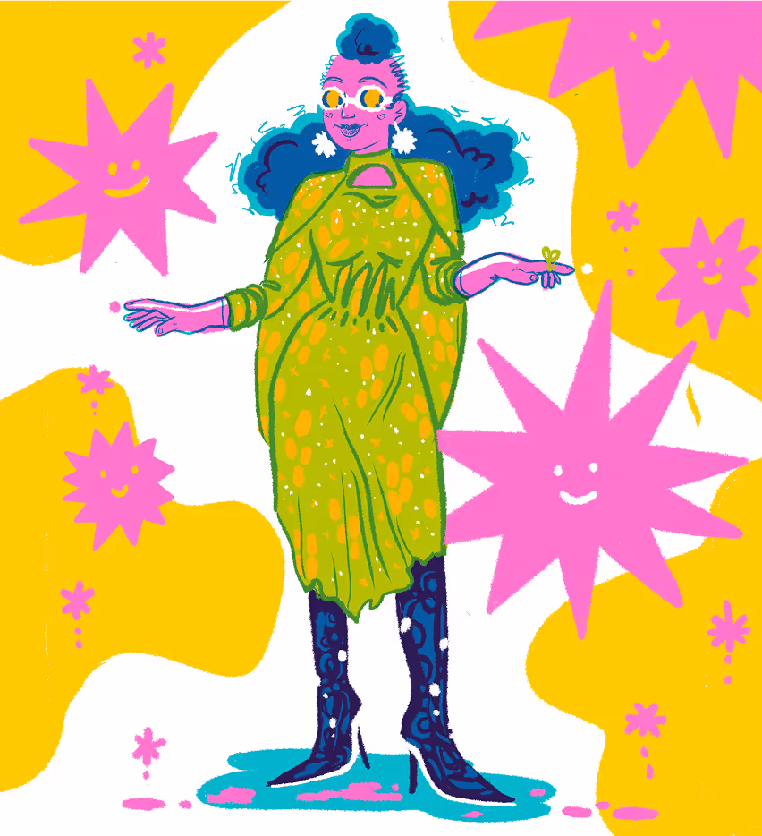 Brightly colored illustration of a fashionable woman. She has pink skin, a green dress and a blue hairdo. The stars around her are smiley and pink. 