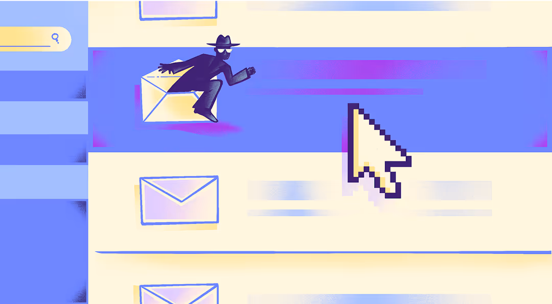 Illustration of a spooky character emerging from an envelope in someone's inbox. The illustration is blue, purple and yellow.