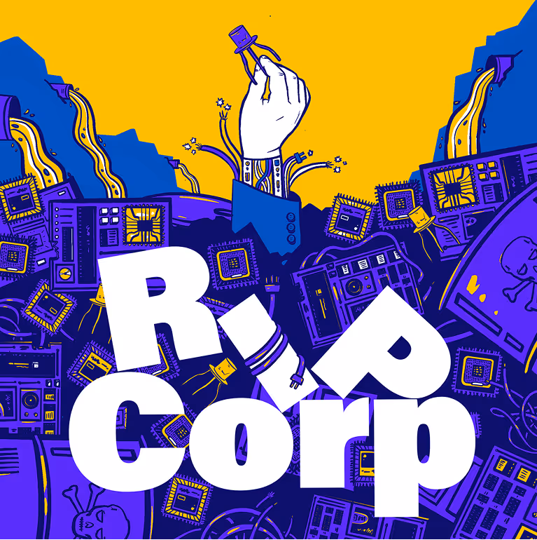 A RIP Corp podcast illustration. Hand is exploding out of a pile of computer chips and holding a transistor