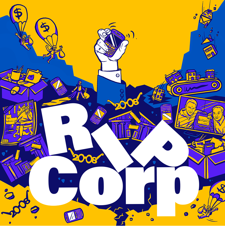 A RIP Corp podcast illustration. Hand is holding a blackberry phone and is surrounded by objects from the 2008 market crash
