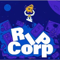 A RIP Corp podcast illustration. Episode is about asteroid mining. A mechanical claw holds an asteroid.