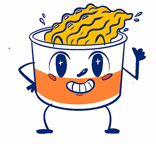 a ramyun bowl with noodle hair and a smiling face 