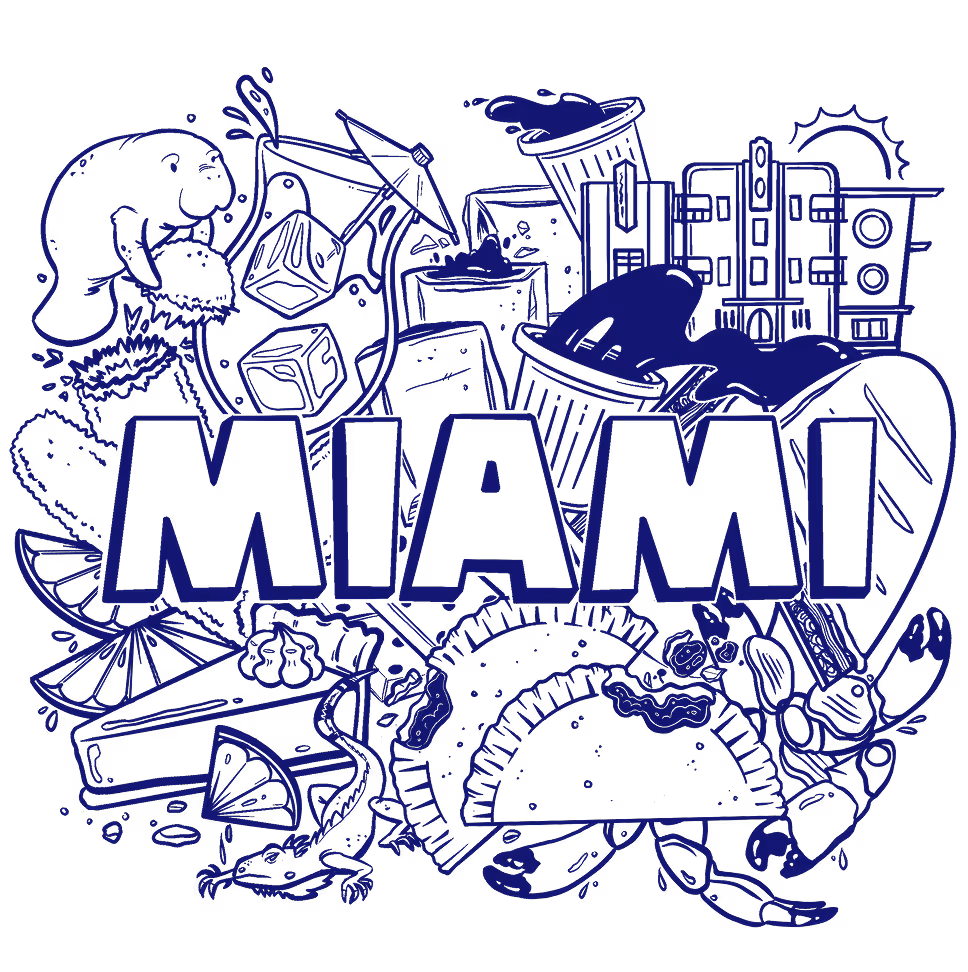 A promotional tote made for The Infatuation and Caviar. It says 'Miami' in block letters and shows lots of famous items from the Miami food scene: tropical drinks, key lime pie, empanadas, etc. 