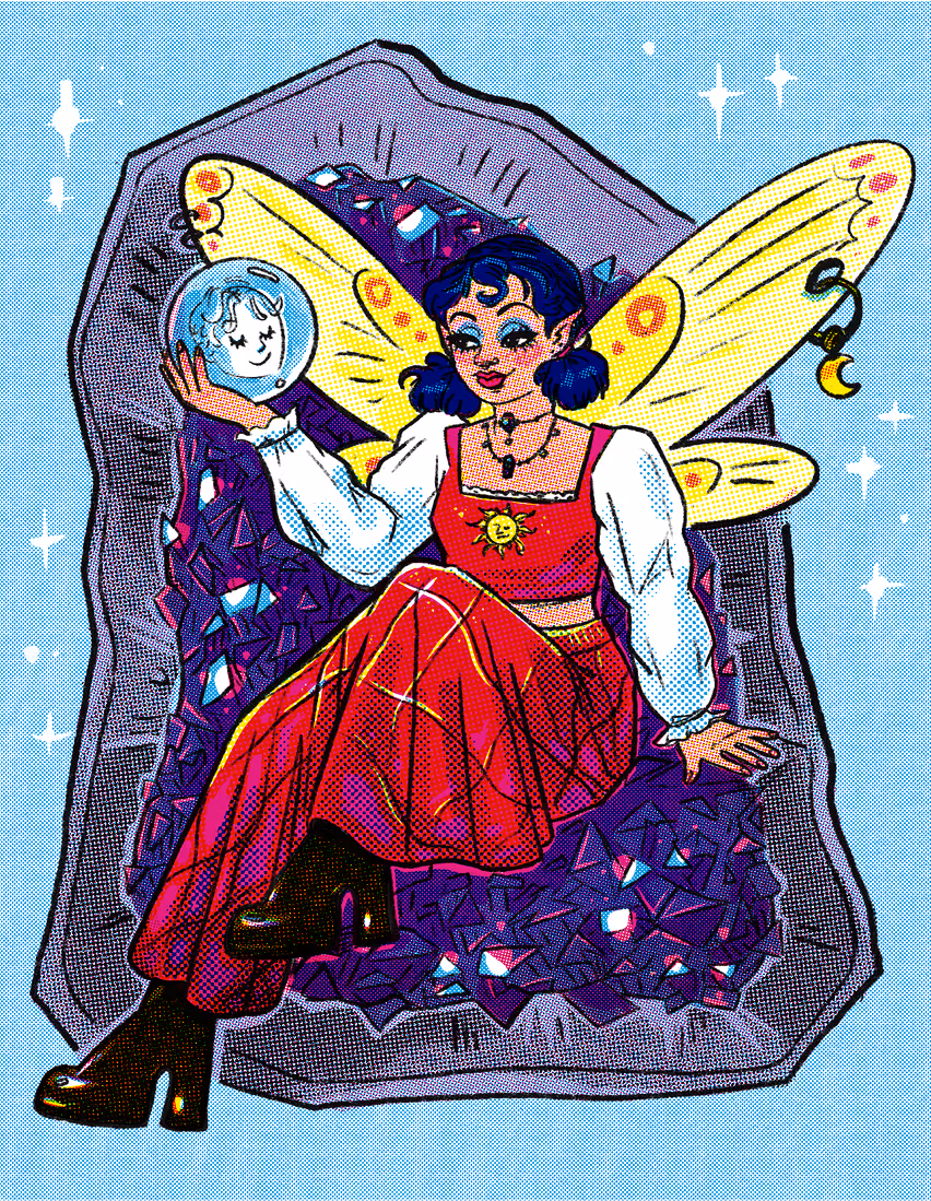 Whimsigoth fairy illustration featuring a contemplative fairy with flowing dark hair and dramatic wings, dressed in gothic-romantic clothing with purple and jewel-toned accents. She sits within the hollow of a sparkling crystal geode, gazing lovingly at the reflection of another woman visible in a dewdrop she holds. The artwork uses a halftone comic book texture effect with rich purples, teals, and earth tones. Crystals and magical elements surround the scene, creating a mystical, queer, fairycore aesthetic that blends dark fantasy with romantic yearning.