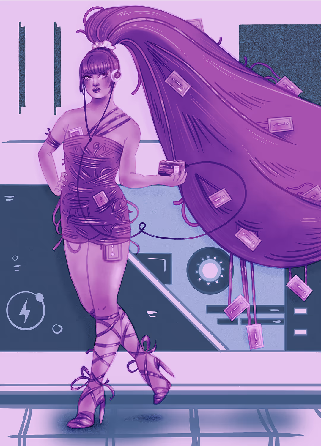 A girl with a long ponytail, wearing a dress made out of tape from cassette tapes. she's listening to a tapedeck style walkman. the illustration is purple and teal. 
