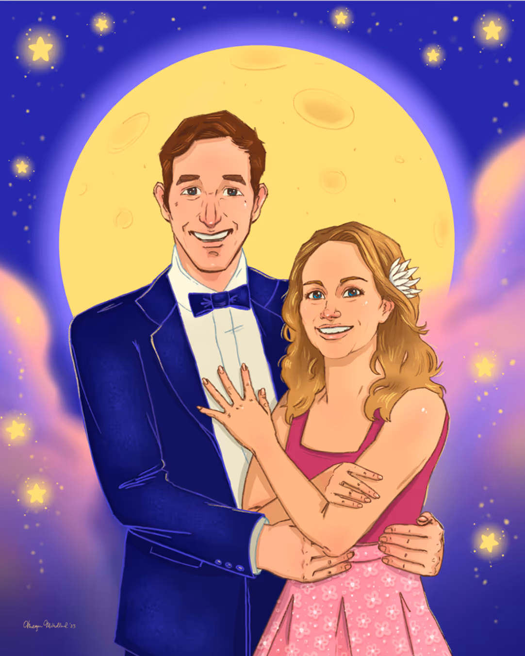 An illustration of a man and a woman. They are in formal wear, standing in front of the moon. They are surrounded by clouds and stars. 