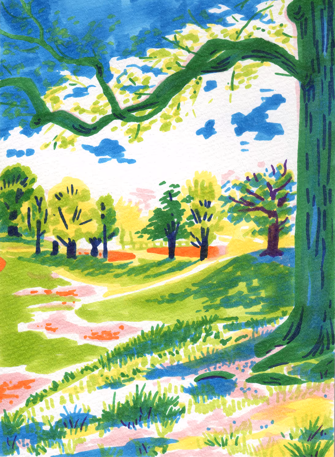 A marker illustration of prospect park. Would make a great postcard. It's a sunny day in the park and everything is green. 