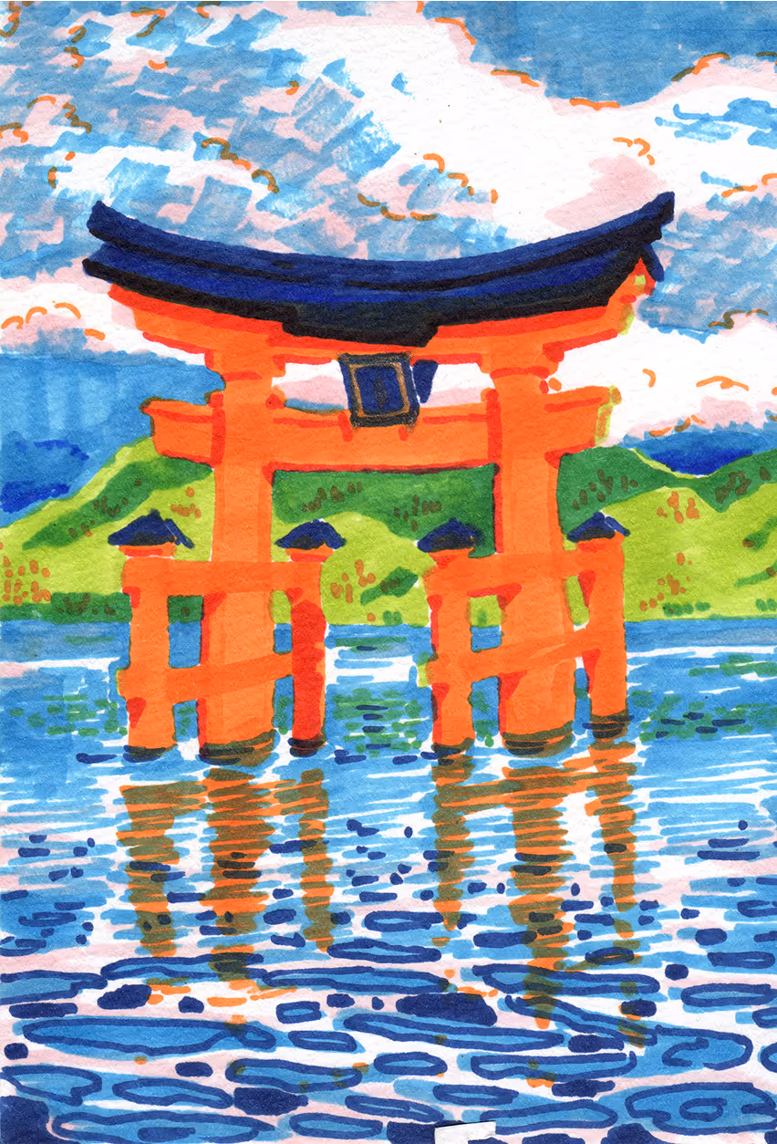 Miyajima's famous floating torii gate. illustration made in copic marker. 