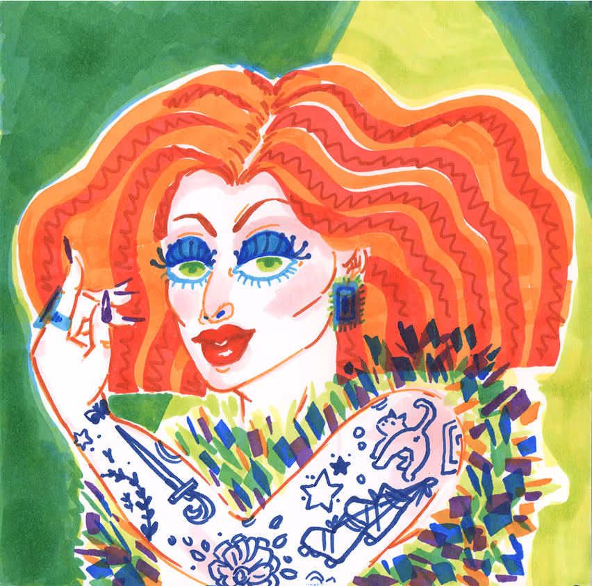A copic marker drawing of a drag queen. The queen has bright red and orange hair, dramatic makeup, and a textured outfit. The background is green, and the queen is illuminated by a spotlight.