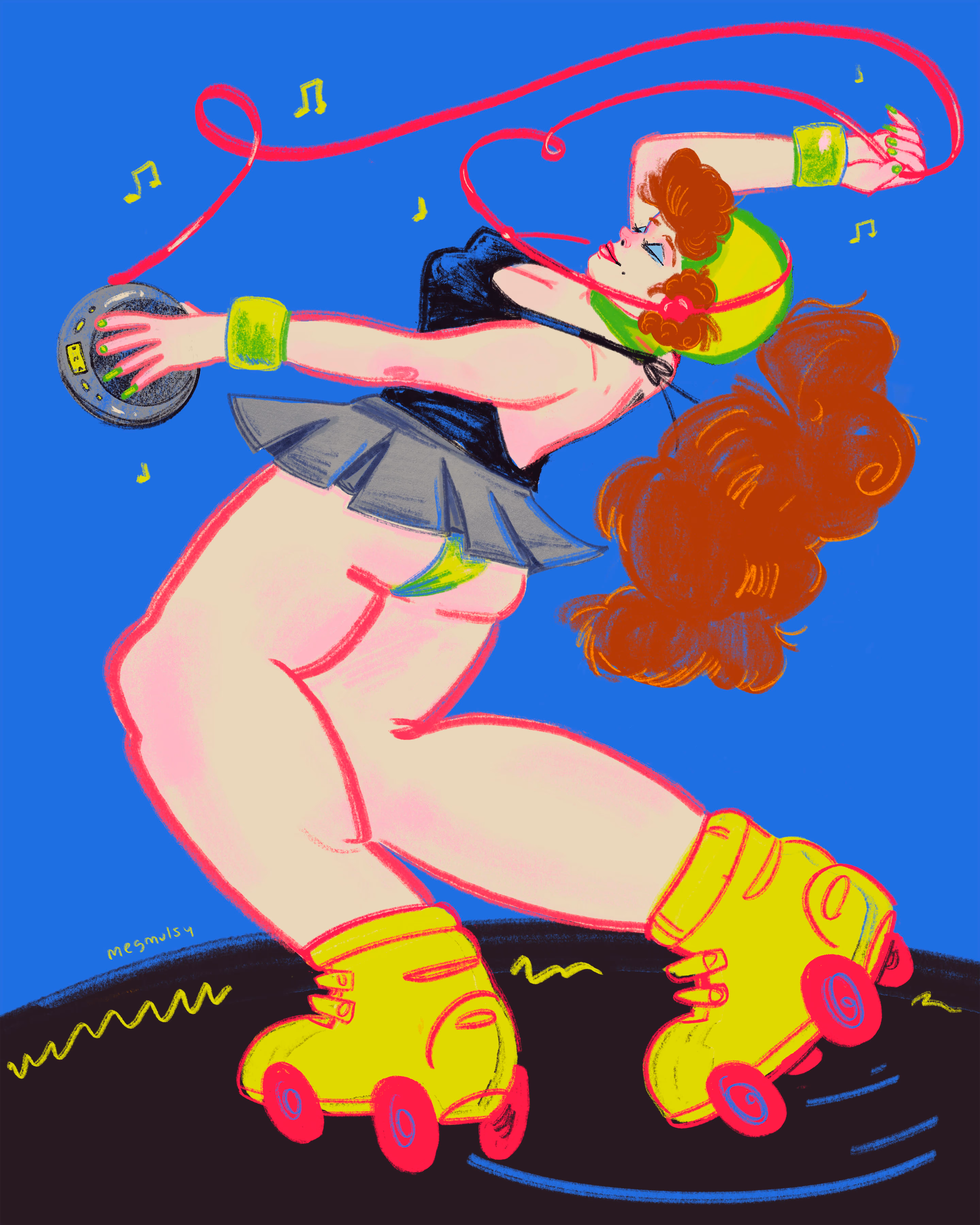 An illustration of a girl listening to a walkman while she rollerskates. The rollerskates are bright yellow, and the girl is wearing a short skirt and lime green helmet. 