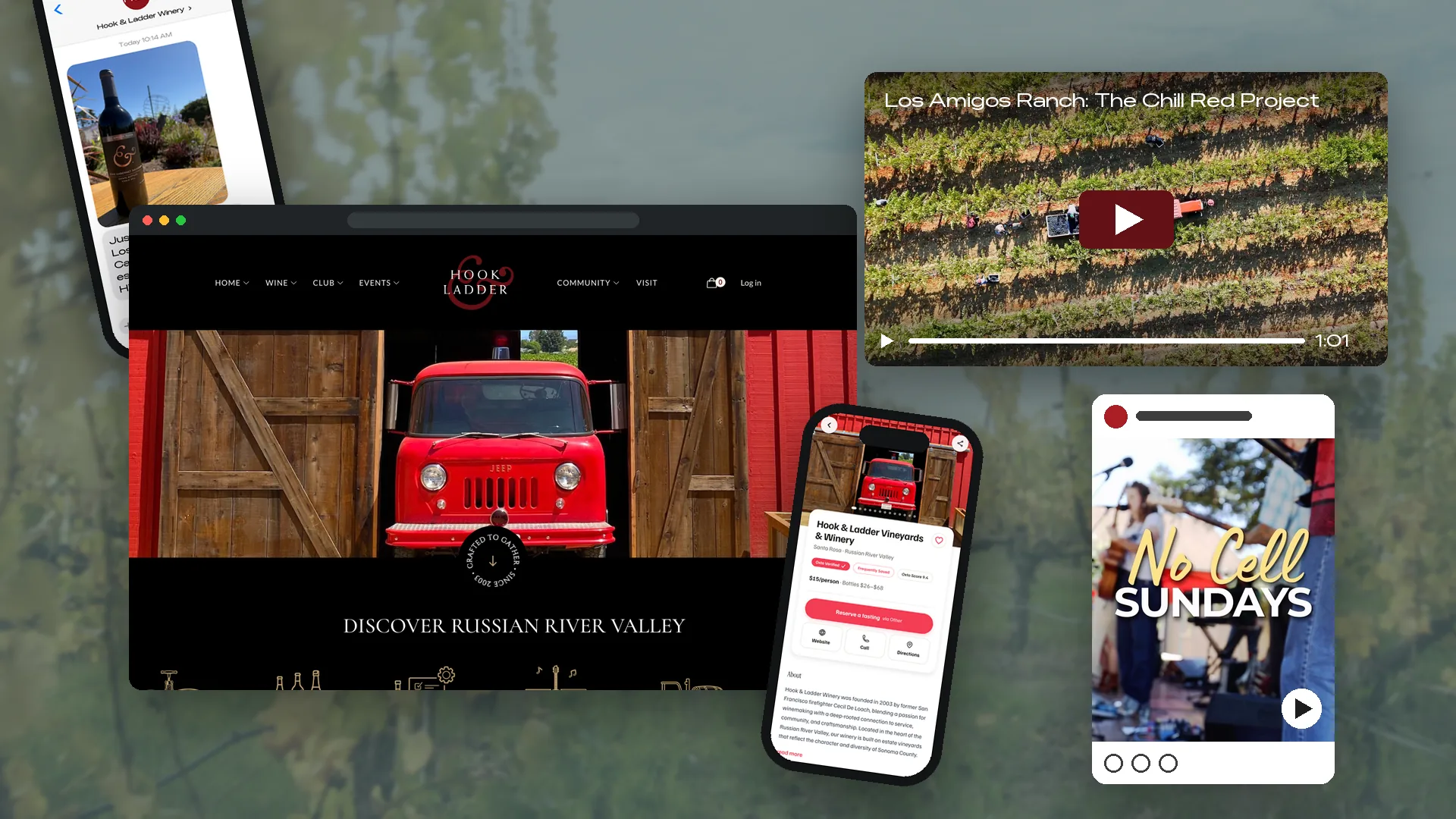 Hook & Ladder Winery website on desktop, its Oxto profile on a phone, the Chill Red Project video, a No Cell Sundays Instagram reel and an SMS announcing a new Cabernet release