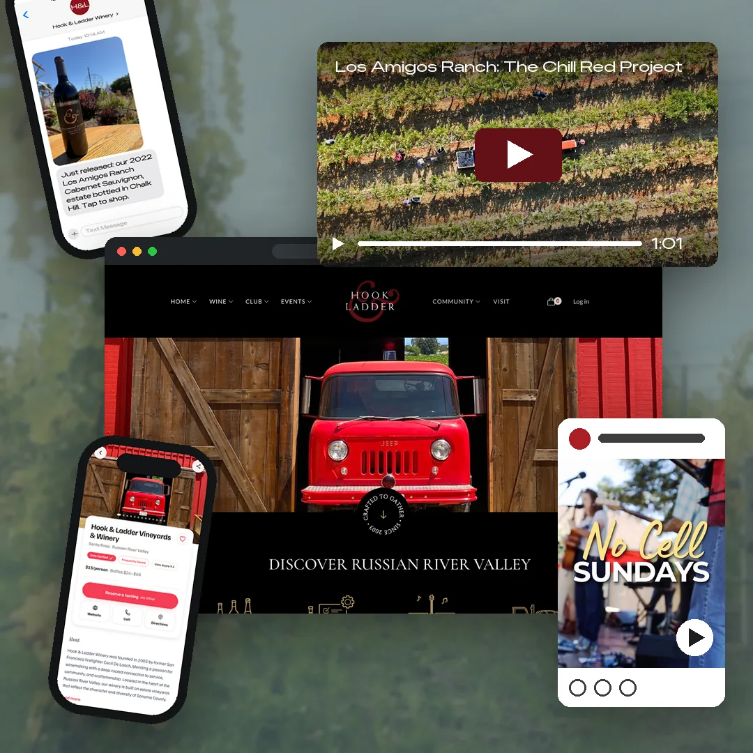 Hook & Ladder Winery website on desktop, its Oxto profile on a phone, the Chill Red Project video, a No Cell Sundays Instagram reel and an SMS announcing a new Cabernet release