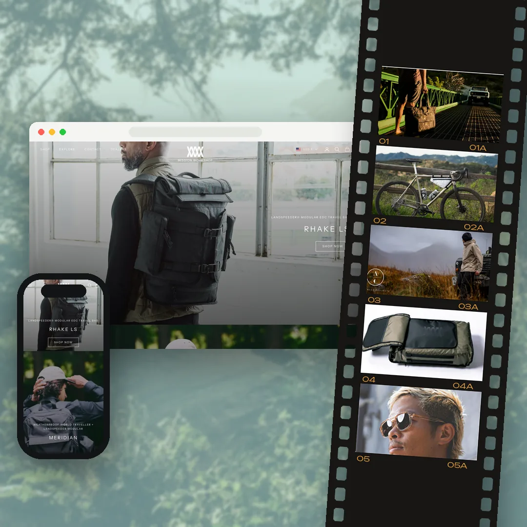 Mission Workshop website on desktop and phone over a coastal field-test photo, with a film strip of product shots