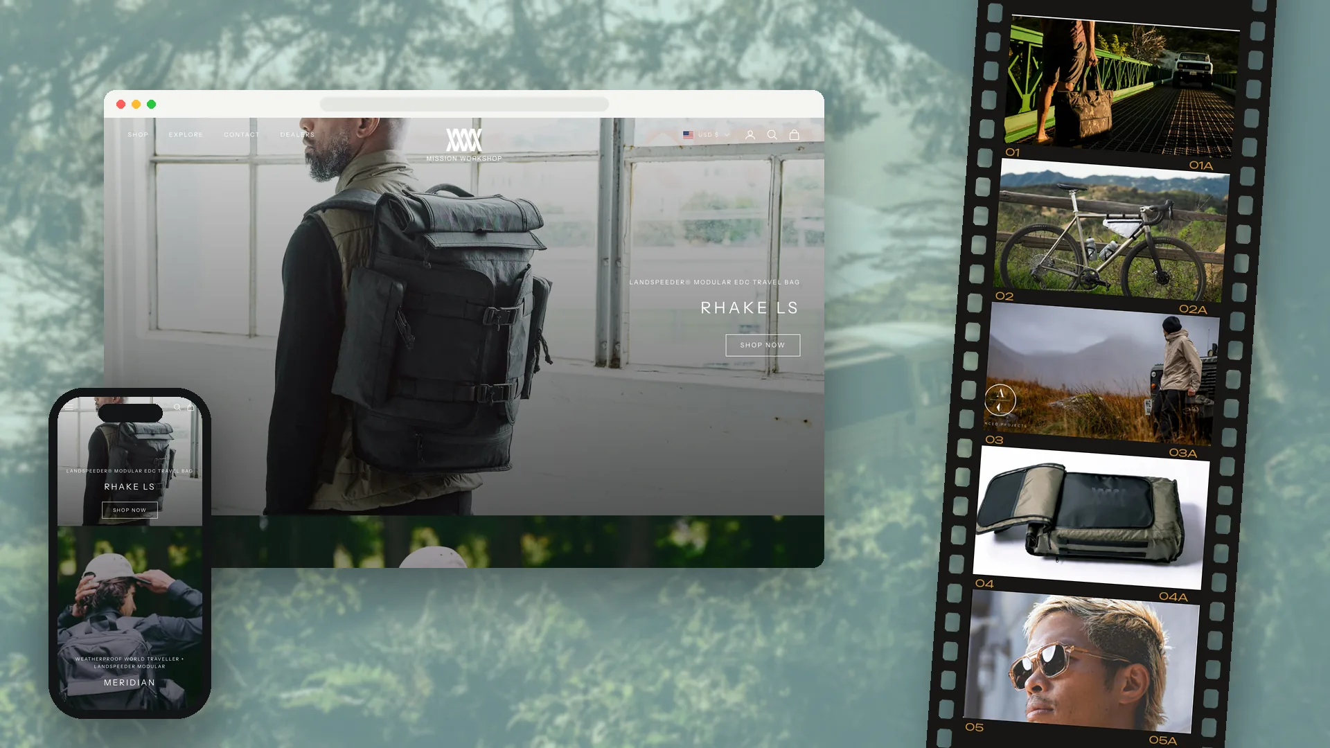 Mission Workshop website on desktop and phone over a coastal field-test photo, with a film strip of product shots