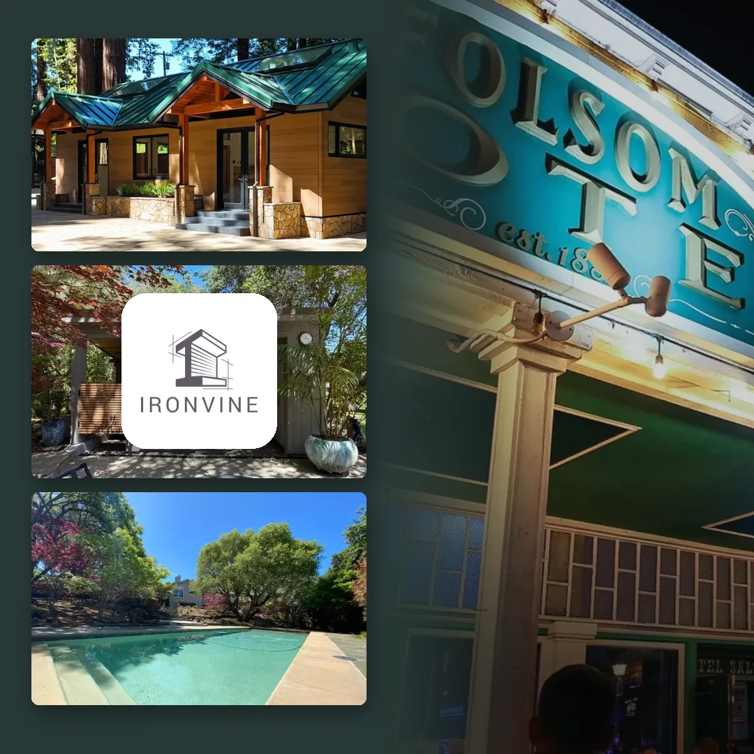 Ironvine Construction projects (a cedar-and-copper cottage, an outdoor kitchen and a pool) with the Ironvine logo on a white tile over them, beside the Folsom Hotel Saloon at night