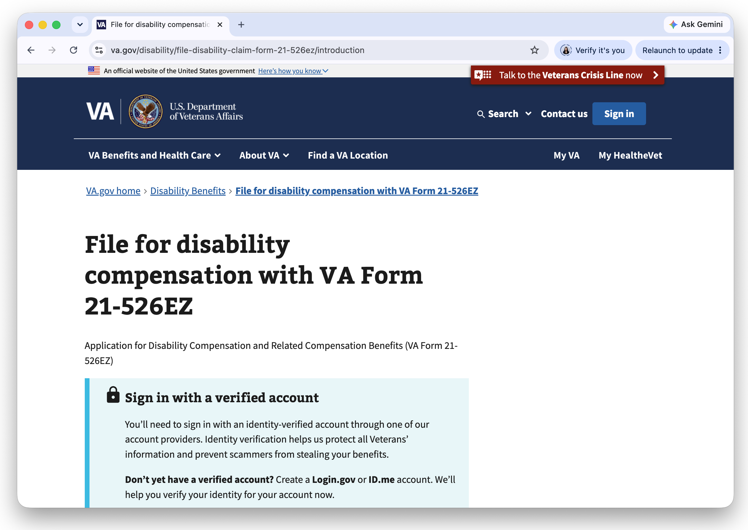 Screenshot of the Veterans Affairs Disability Benefits homepage