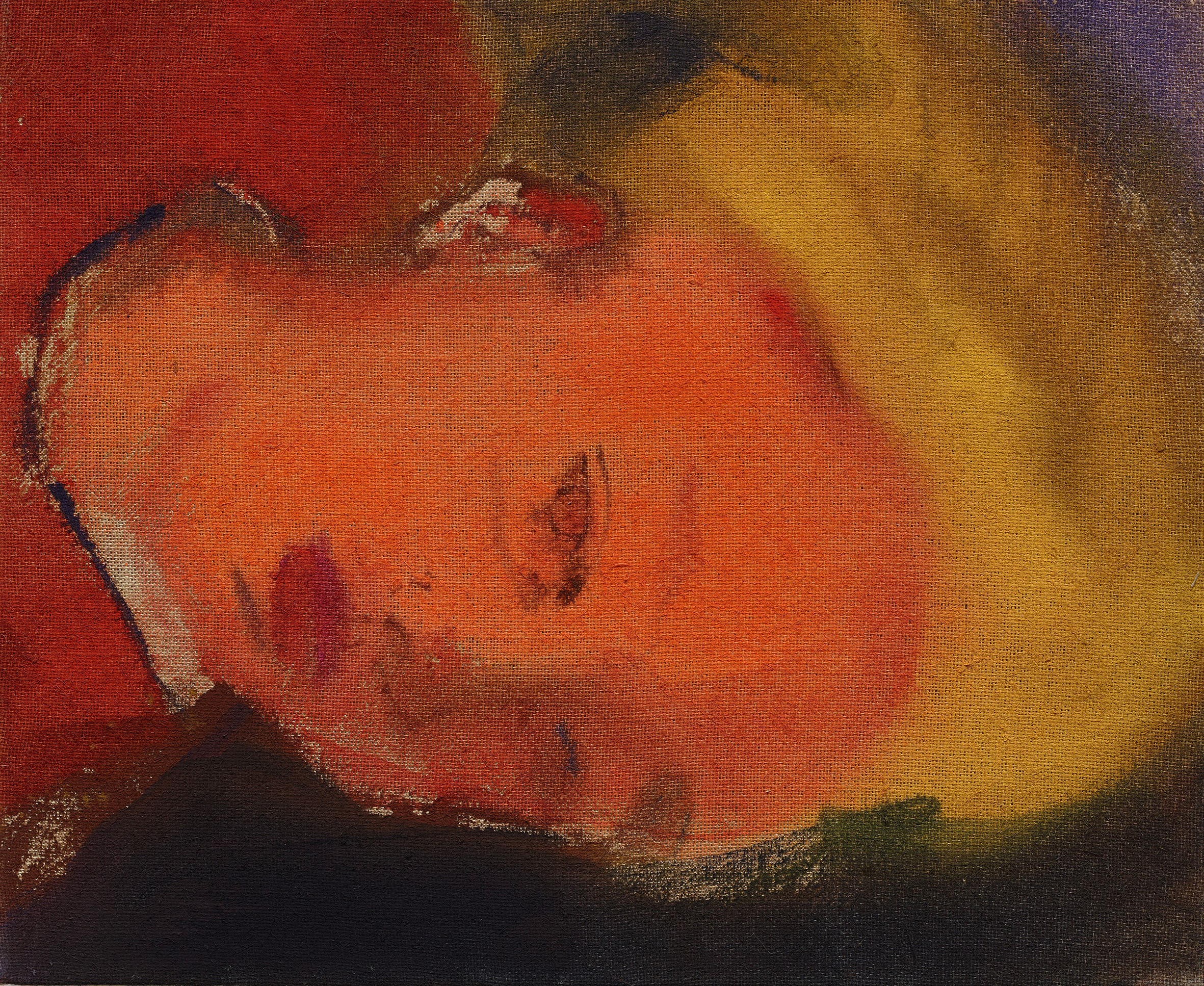 Leiko Ikemura, Reclining Face Orange, 2008, Tempera Leinen, 50 x 60 cm, © the artist, Courtesy Miettinen Collection