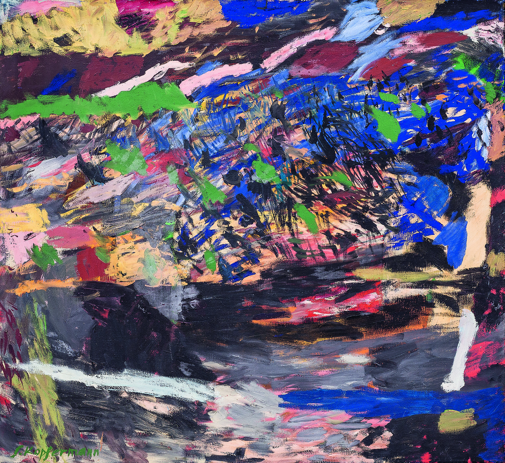 Sigrid Kopfermann, Mit breitem Strom (Strömungen), 1962, Öl auf Leinwand, 110 x 120 cm, Kopfermann-Fuhrmann Stiftung, Düsseldorf, © VG Bild-Kunst, Bonn 2025, Foto: Linda Inconi-Jansen
