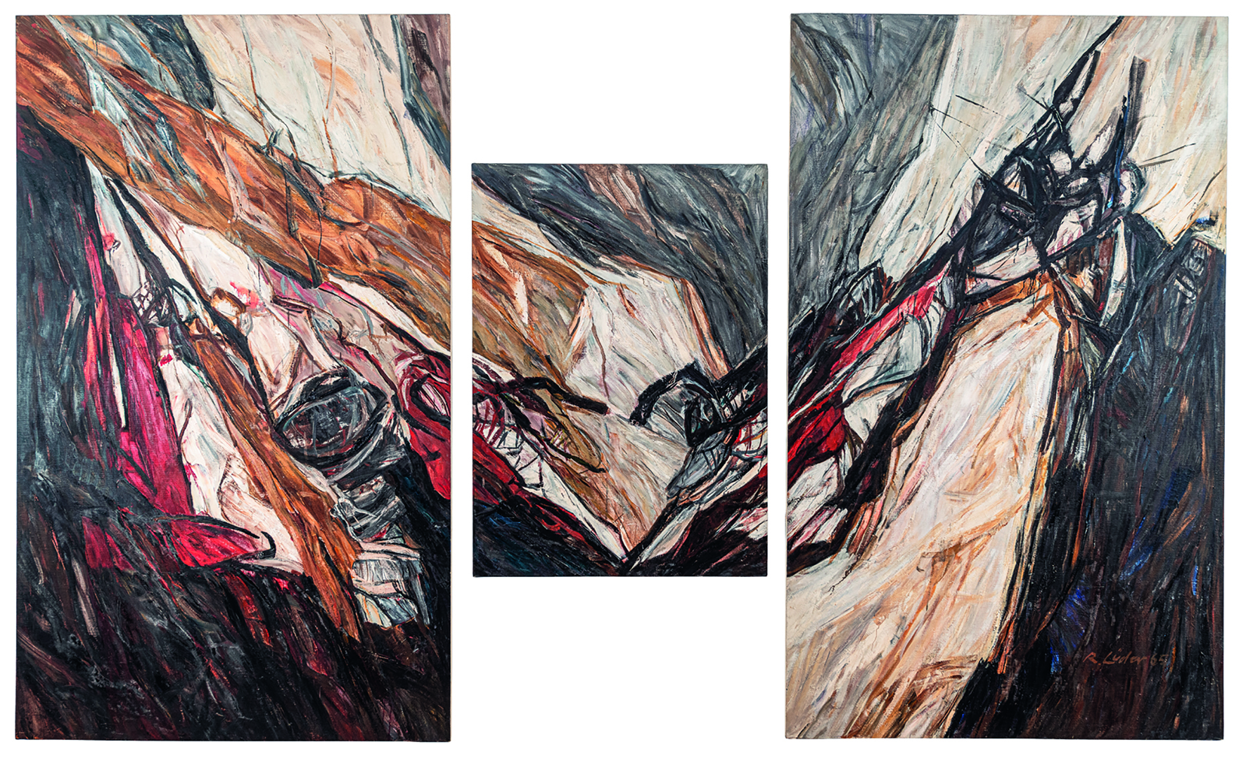 Roswitha Lüder, Triptychon für das Trauzimmer des Hagener Rathauses, 1965, Öl auf Leinwand, 247 x 148,5 cm (Seiten), 140,5 x 100 cm (Mitte), Osthaus Museum Hagen, © VG Bild-Kunst, Bonn 2025, Foto: Emil Schumacher Museum, Hagen, Joachim Schwingel