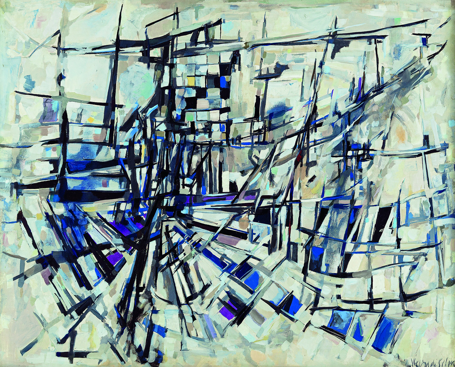Maria Helena Vieira da Silva, Le vent, 1953, Öl auf Leinwand, 81 x 100 cm, MKM Museum Küppersmühle für Moderne Kunst, Duisburg, Sammlung Ströher, © VG Bild-Kunst, Bonn 2025, Foto: Henning Krause, Köln