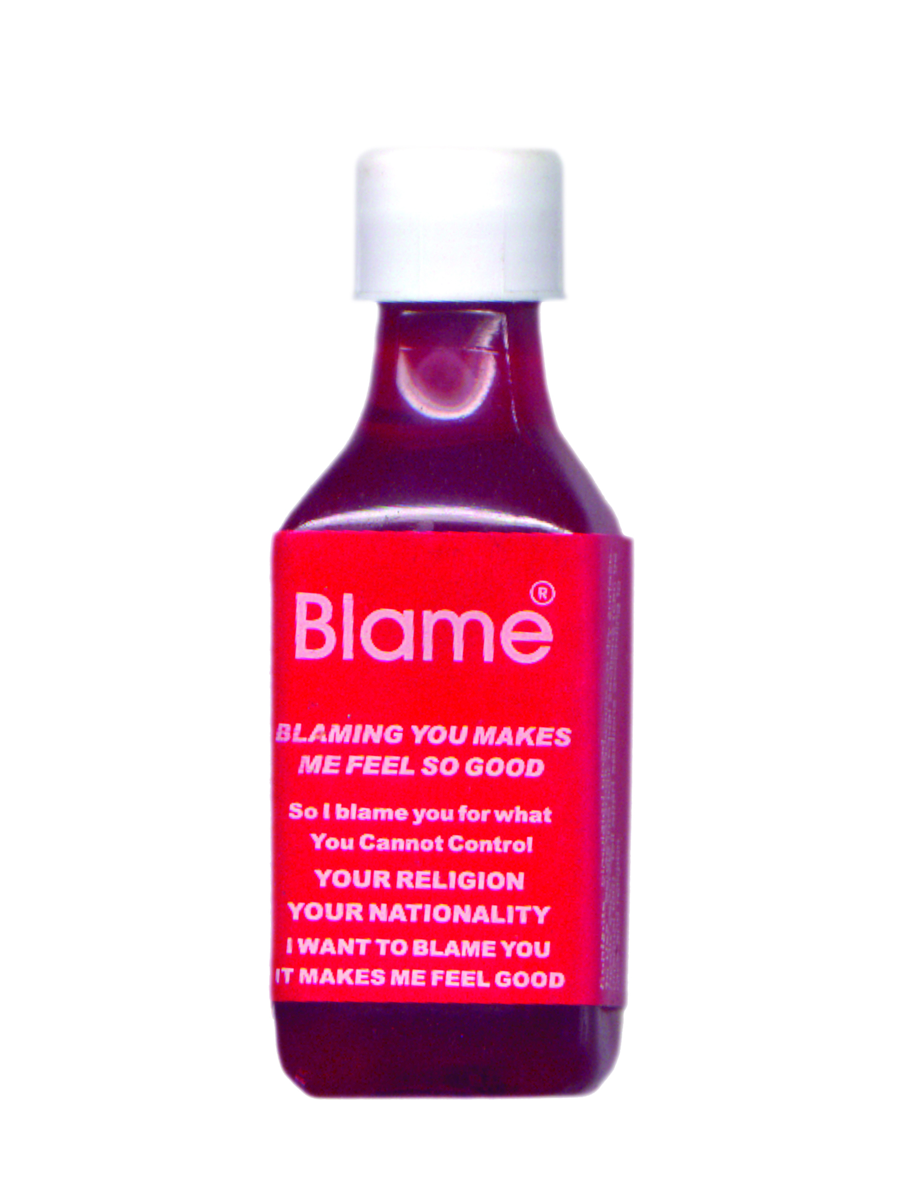 Shilpa Gupta, Blame, 2002 - 2004, Glasflaschen, Kunstblut, Poster, Aufkleber, Video, 300 x 130 x 340 cm, Courtesy: the artist, © Shilpa Gupta