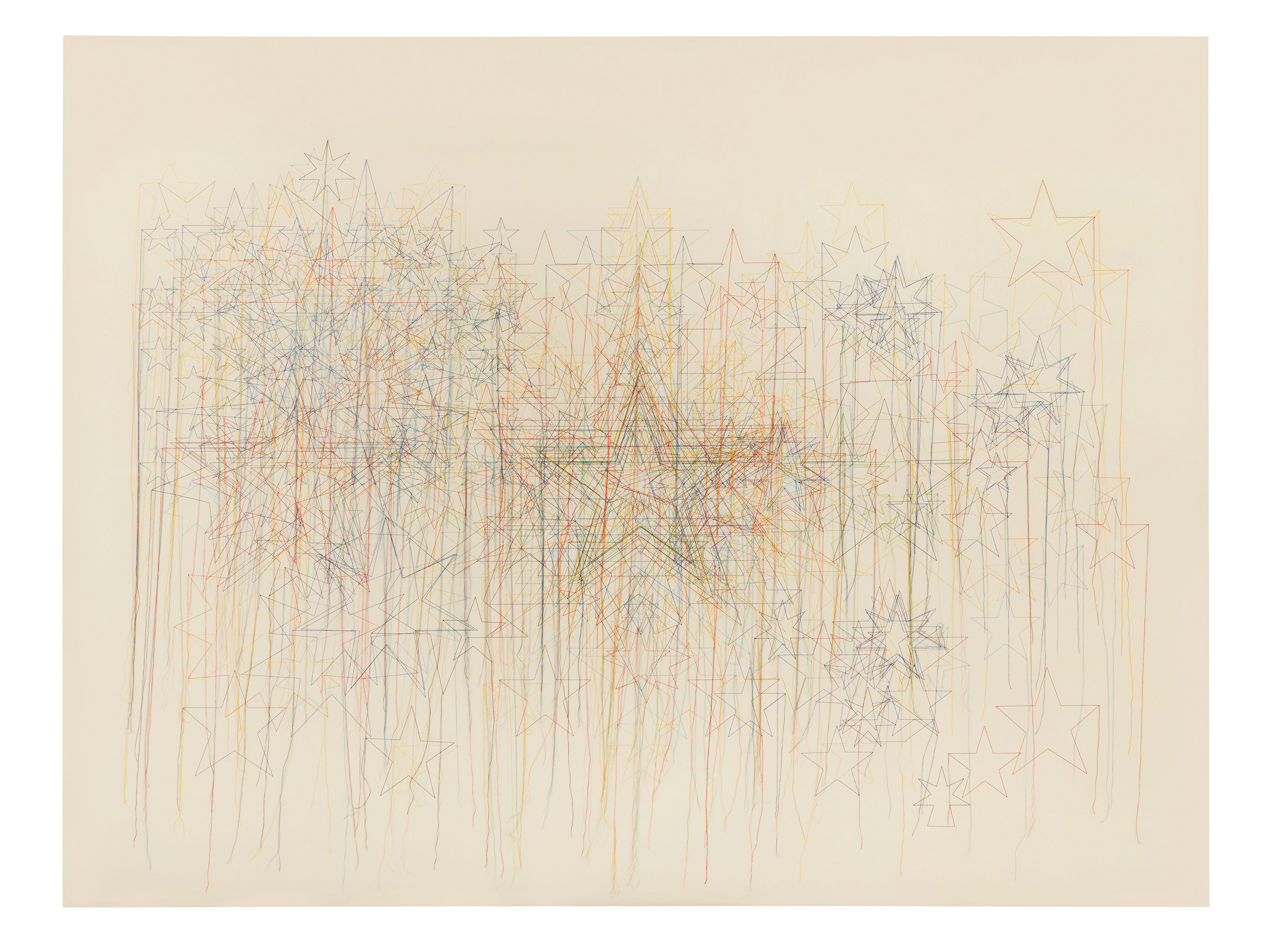 Shilpa Gupta, Stars on Flags of the World Juli 2011, 2012 - 2023, Faden auf Stoff, 300 x 400 cm, courtesy of the artist and neugerriemschneider, Berlin, Foto: Jens Ziehe, © Shilpa Gupta