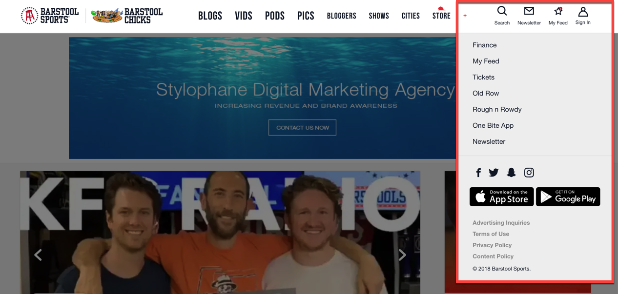 Barstool Sports Global Navigation