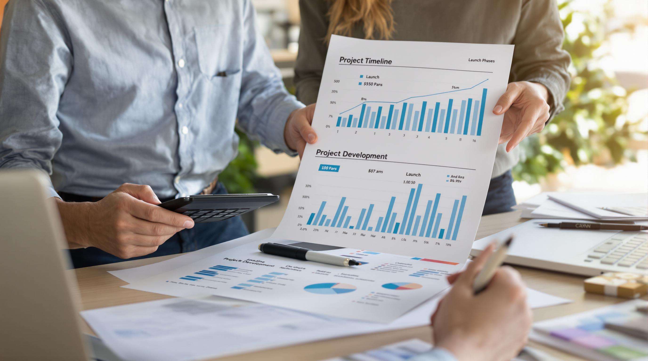 Two business owners analyze website costs and project timelines together