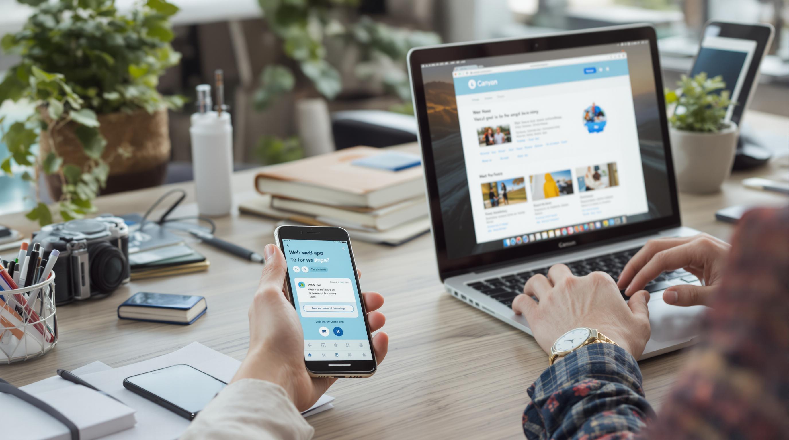 Professional compares mobile app on phone and web app on laptop