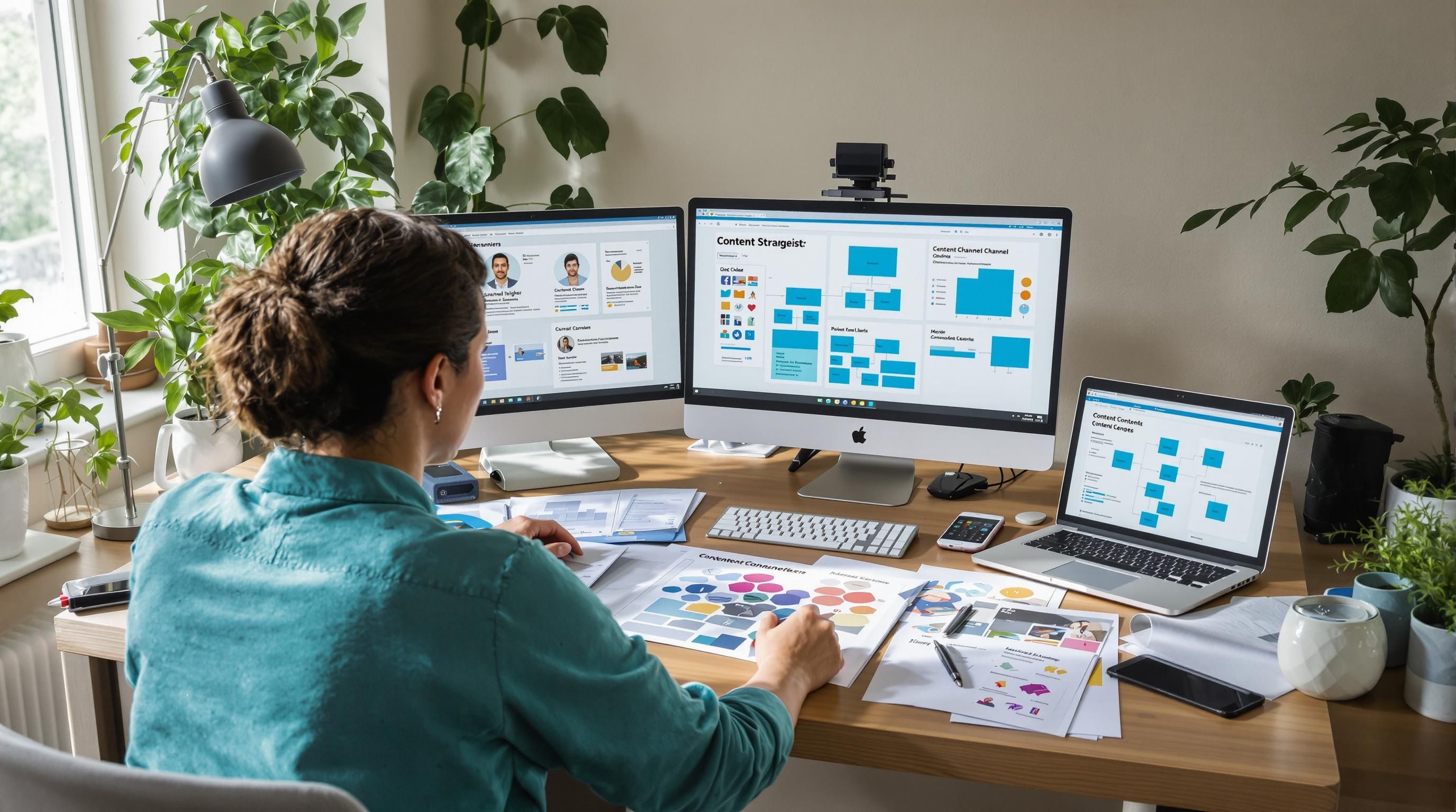 Strategist developing cross-channel content plan at desk